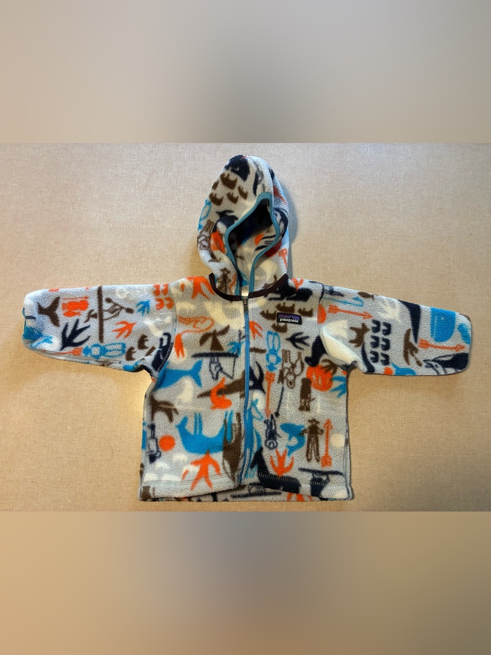 Patagonia Kids Fleece Hoodie - White with Blue & Orange Pattern